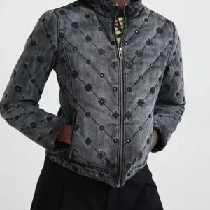 Desigual Embroidered-Sequined Denim Jacket NWOT Size 42